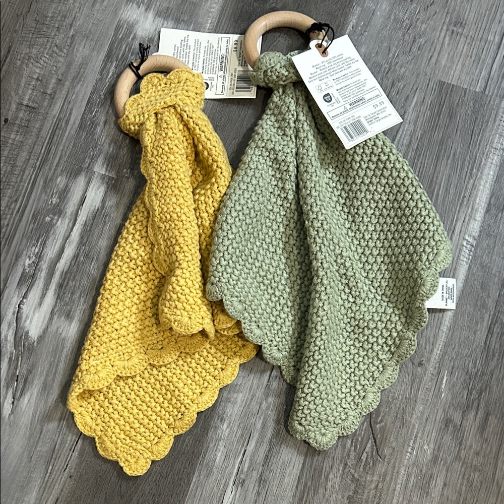 Set of 2 Knit Baby Lovey Security Blankets with Wooden Rings - Yellow & Sage